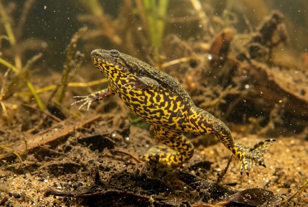 Cape platanna swimming in its pond, showing its spotted ochre underside, Endangered — Hansie en Grietjie Field Notes