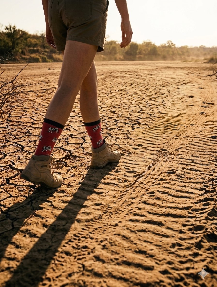 Hansie en Grietjie Black Rhino socks worn on a dry riverbed at sunset