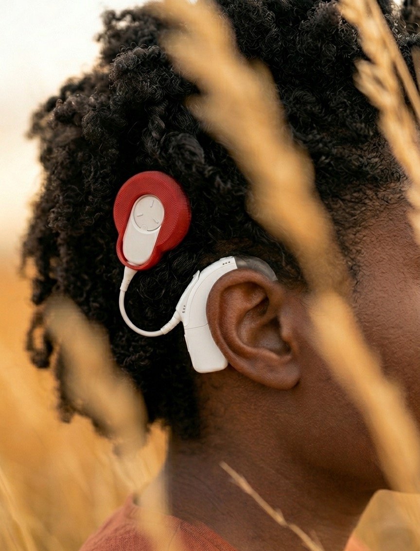 Hansie en Grietjie cochlear implant skin, red, worn in a wheat field