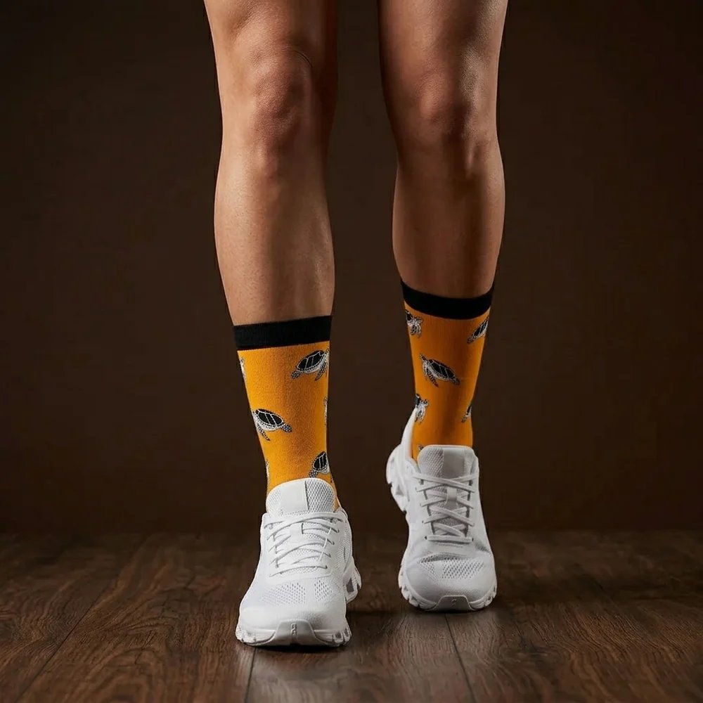 Hansie en Grietjie Loggerhead Turtle socks, yellow, worn with sneakers