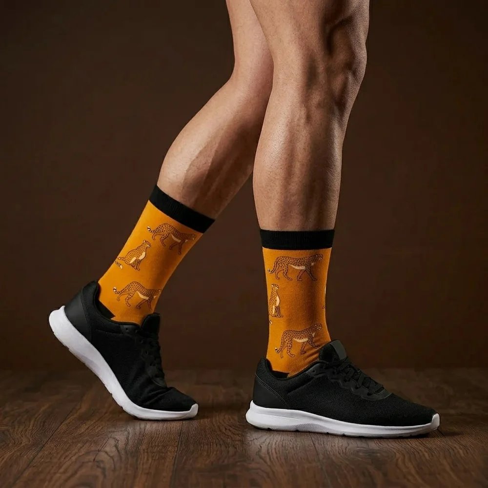 Hansie en Grietjie Cheetah socks, orange, worn with sneakers