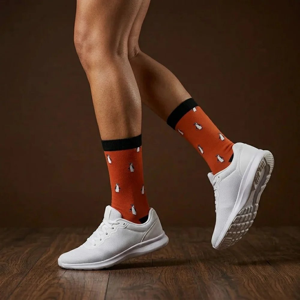Hansie en Grietjie African Penguin socks, orange, worn with sneakers