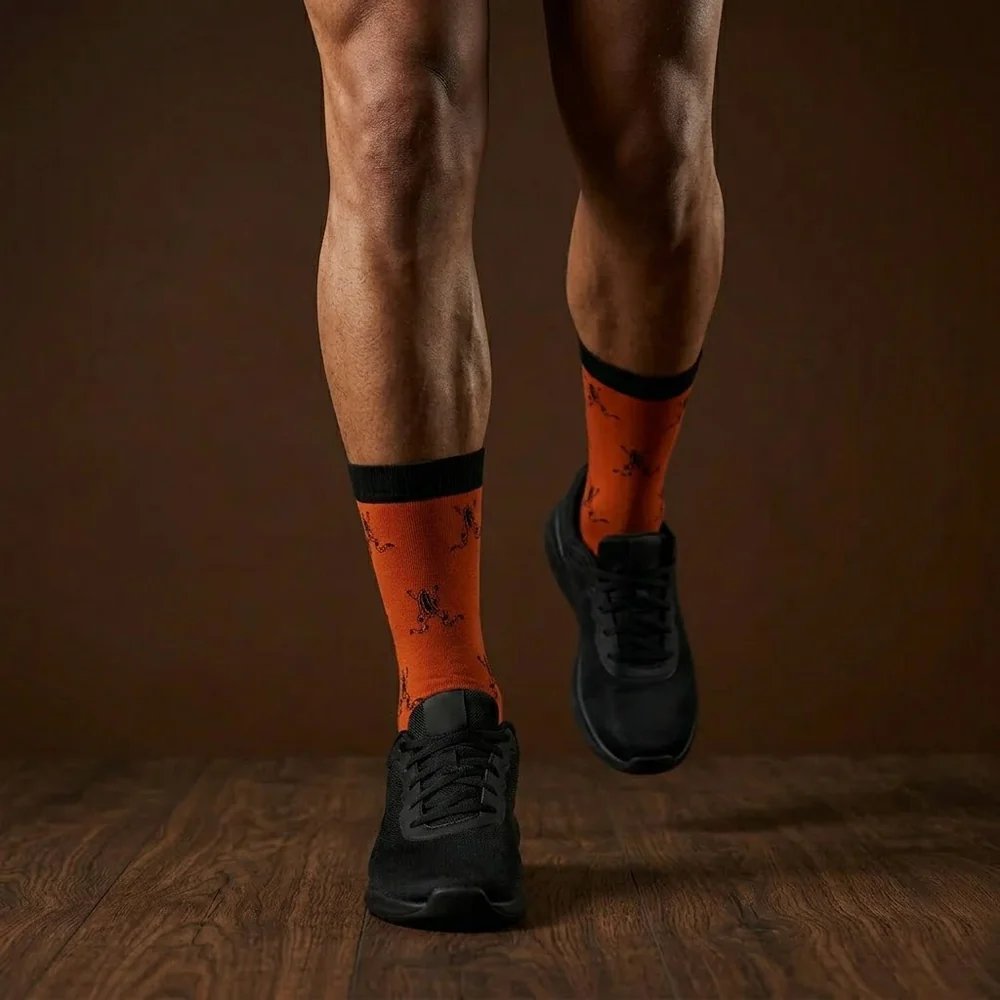Hansie en Grietjie Cape Platanna socks, orange, worn with sneakers